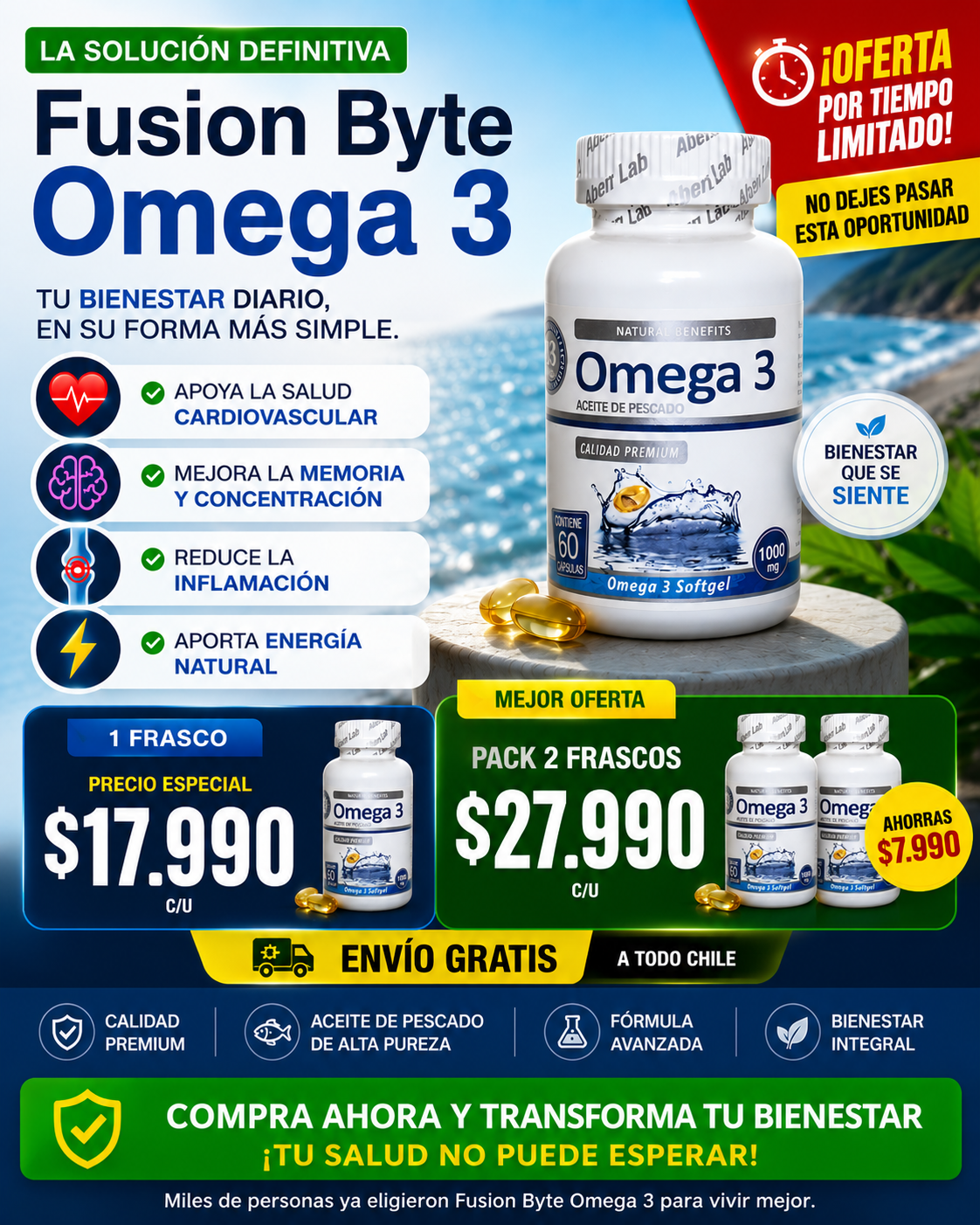 “Omega 3 Premium 1000mg – Energía, Enfoque y Salud Cardiovascular en 1 Cápsula”